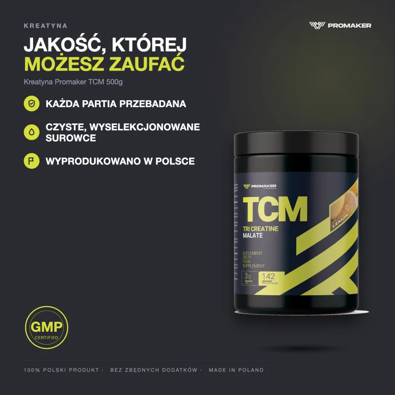 Kreatyna Promaker TCM 500g – każda partia przebadana, certyfikat GMP, wyprodukowano w Polsce