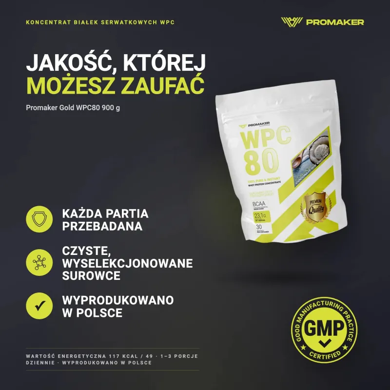 PROTEIN SUPPLEMENT PROMAKER WPC80 900 G – every batch tested, GMP certified, made in Poland