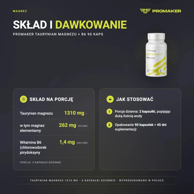 Promaker Taurynian Magnezu + B6 90caps – skład na porcję i sposób stosowania