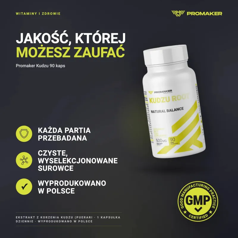 Stres i Nerwy Korzeń Kudzu Promaker Kudzu 90caps – każda partia przebadana, certyfikat GMP, wyprodukowano w Polsce