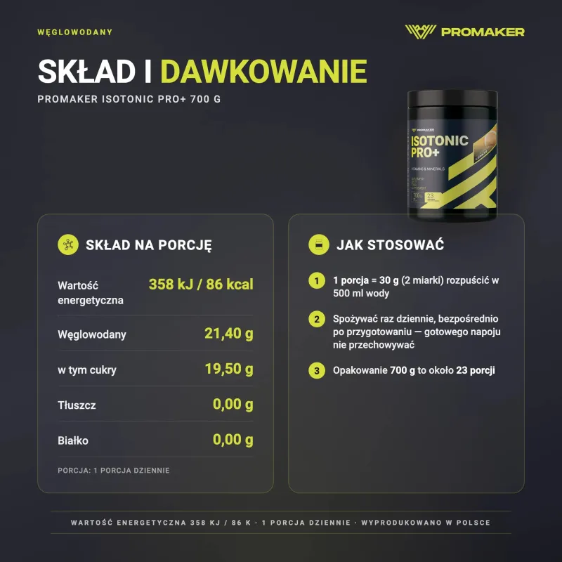 Promaker Isotonic Pro+ 700g – skład na porcję i sposób stosowania