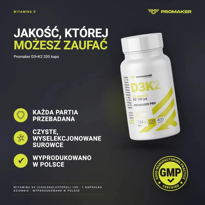 Promaker D3+ K2 200caps – każda partia przebadana, certyfikat GMP, wyprodukowano w Polsce