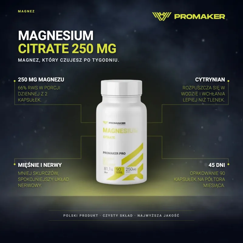 Minerały Magnez Promaker Magnesium Citrate 250mg 90kaps – najważniejsze korzyści i skład