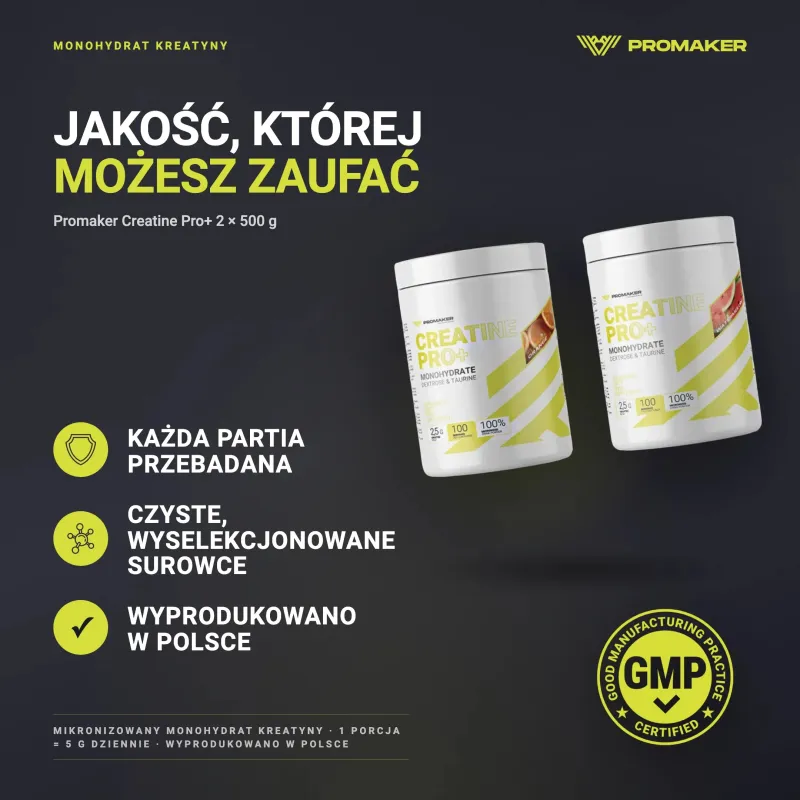 Zestaw Kreatyna Promaker Creatine Pro+ 2x500g – każda partia przebadana, certyfikat GMP, wyprodukowano w Polsce