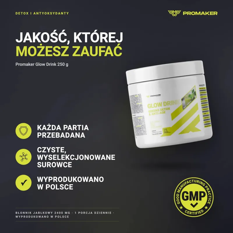 Detoks i Antyoksydanty Kompleks Promaker Glow Drink 250g – każda partia przebadana, certyfikat GMP, wyprodukowano w Polsce