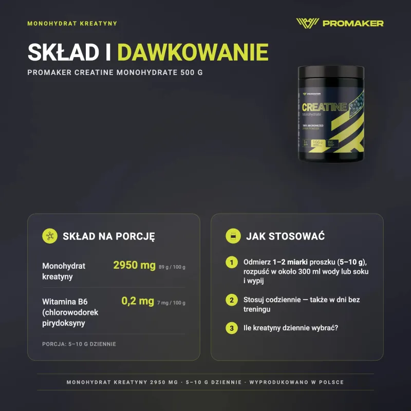 Kreatyna Monohydrat Promaker Creatine Monohydrate 500g – skład na porcję i sposób stosowania