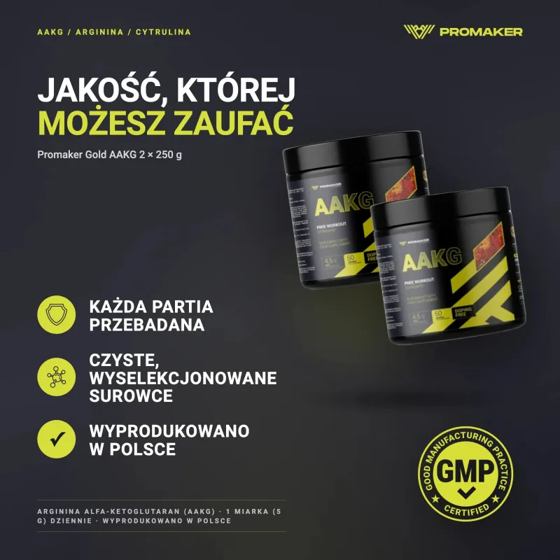 Wielopak 2x Promaker Gold AAKG 250g – każda partia przebadana, certyfikat GMP, wyprodukowano w Polsce