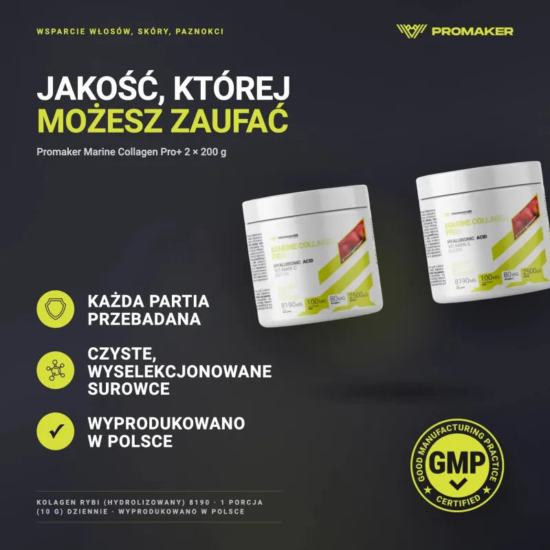 Wielopak 2x Promaker Marine Collagen Pro+ 200g – każda partia przebadana, certyfikat GMP, wyprodukowano w Polsce