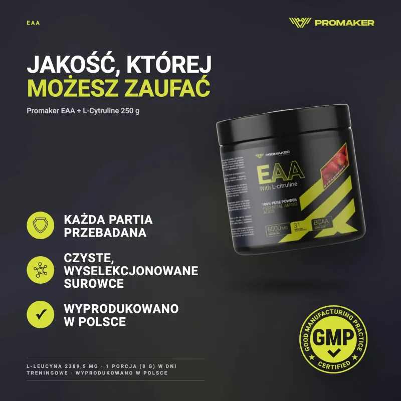 Aminokwasy Promaker EAA + L Cytruline 250g – każda partia przebadana, certyfikat GMP, wyprodukowano w Polsce