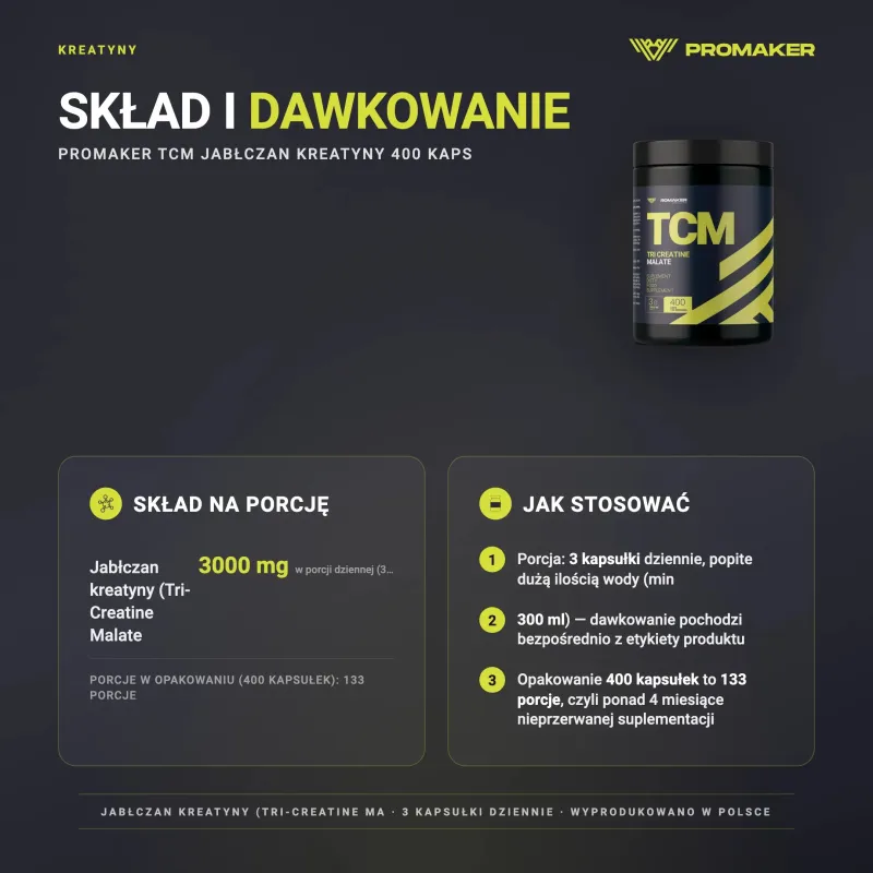 Kreatyna Promaker TCM Jabłczan kreatyny 400kaps – skład na porcję i sposób stosowania