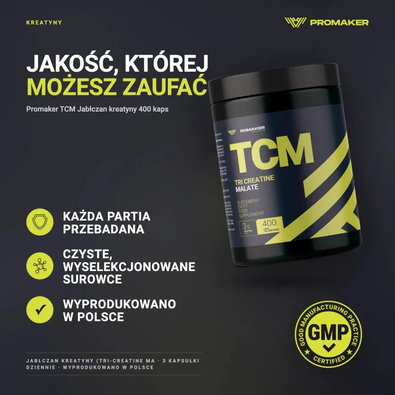 Kreatyna Promaker TCM Jabłczan kreatyny 400kaps – każda partia przebadana, certyfikat GMP, wyprodukowano w Polsce