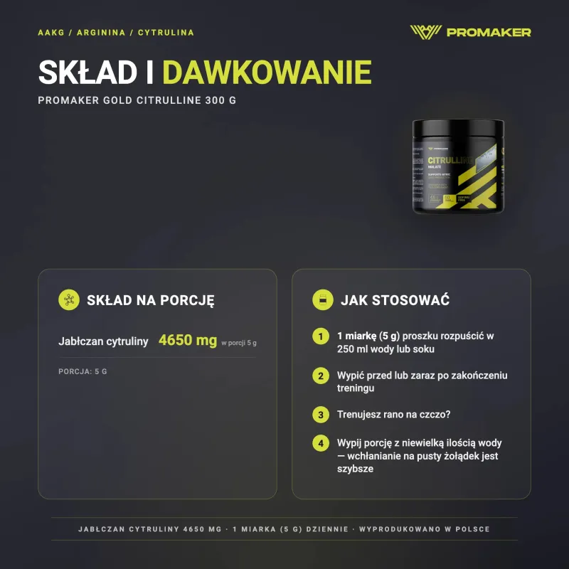 Suplement Pompujący Cytrulina Promaker Gold Citrulline 250g – skład na porcję i sposób stosowania