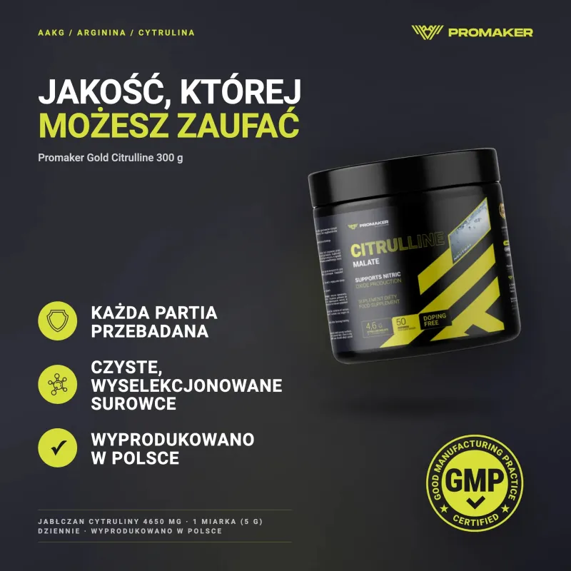 Suplement Pompujący Cytrulina Promaker Gold Citrulline 250g – każda partia przebadana, certyfikat GMP, wyprodukowano w Polsce