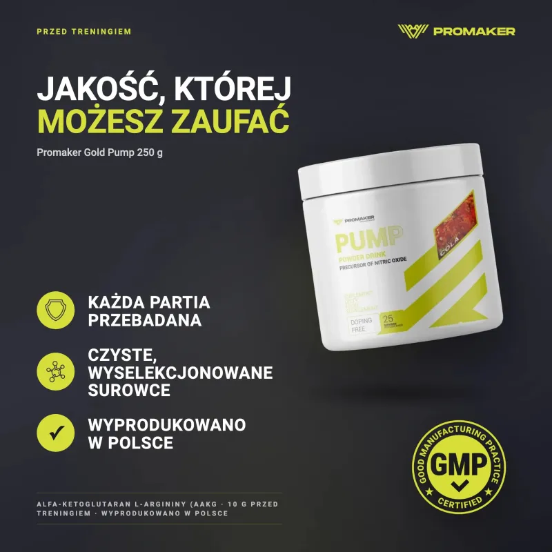 PRE-WORKOUT SUPPLEMENT PROMAKER PUMP 250 G – every batch tested, GMP certified, made in Poland