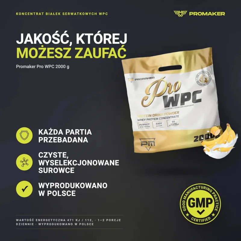 Odżywka Białkowa Koncentrat Promaker Pro WPC 2000g – każda partia przebadana, certyfikat GMP, wyprodukowano w Polsce