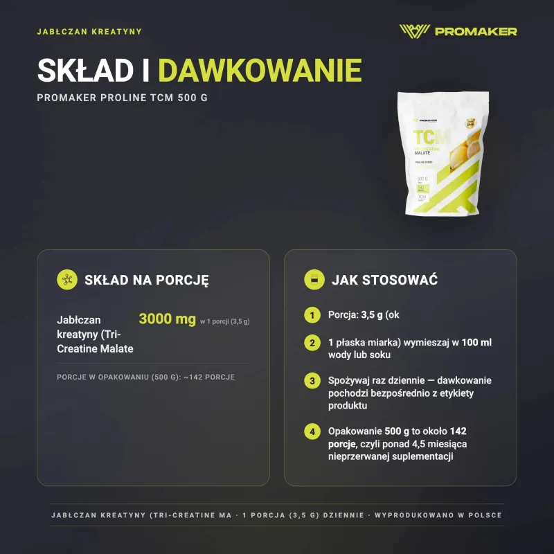 JABŁCZAN KREATYNY PROMAKER PROLINE TCM 500 G – skład na porcję i sposób stosowania
