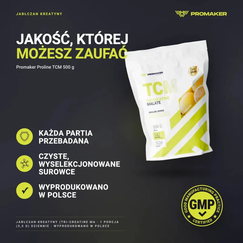 JABŁCZAN KREATYNY PROMAKER PROLINE TCM 500 G – każda partia przebadana, certyfikat GMP, wyprodukowano w Polsce