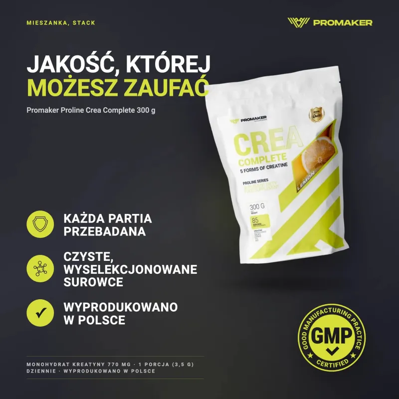 Kreatyna Promaker Proline Crea Complete 300g – każda partia przebadana, certyfikat GMP, wyprodukowano w Polsce