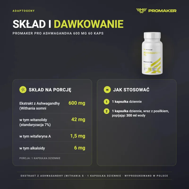 ADAPTOGEN PROMAKER PRO ASHWAGANDHA 600MG 60CAPS – nutrition per serving and how to use