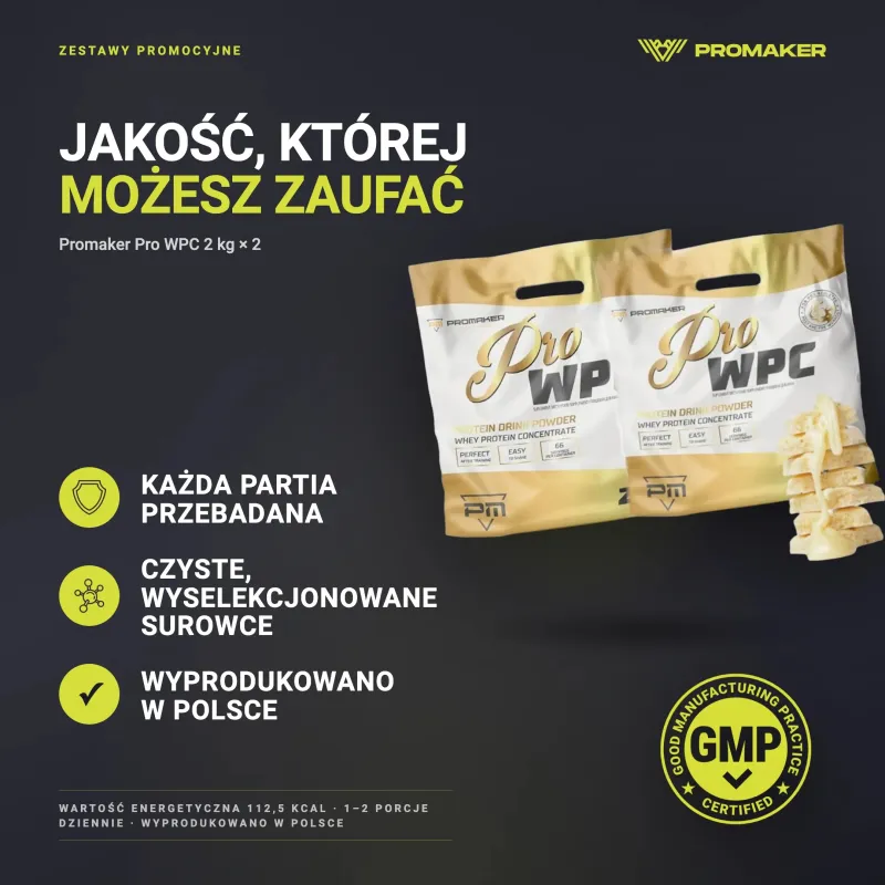 Zestaw Odżywka białkowa Promaker PRO WPC 2kg x2 – każda partia przebadana, certyfikat GMP, wyprodukowano w Polsce
