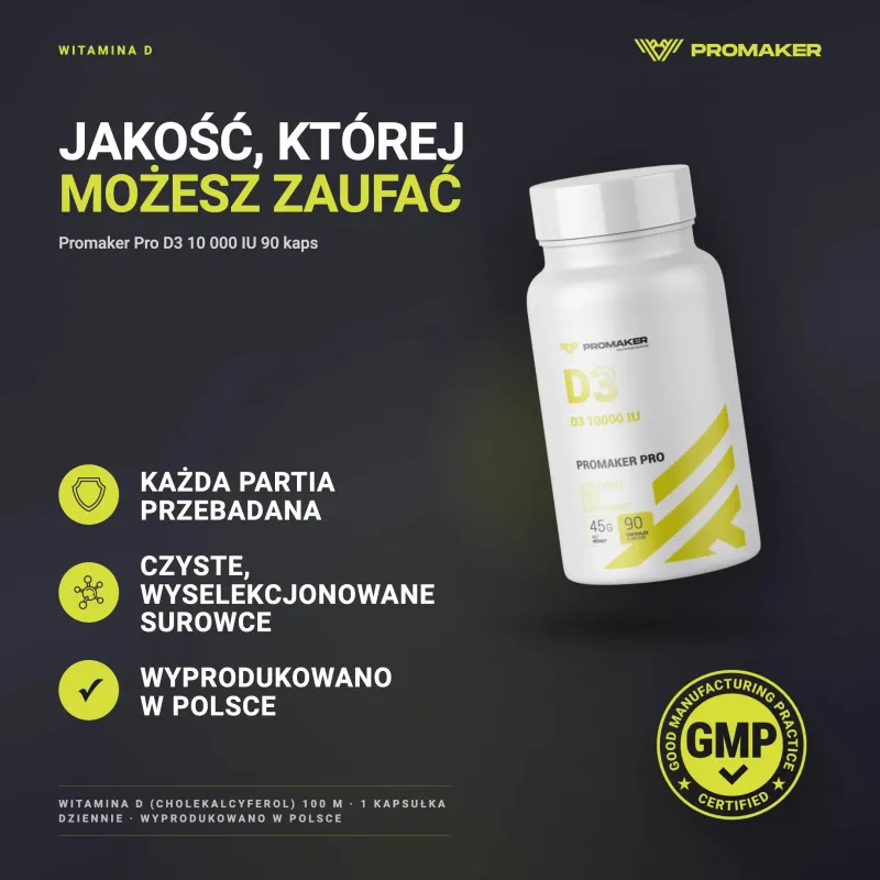 WITAMINY PROMAKER PRO D3 100000 IU 90 CAPS – każda partia przebadana, certyfikat GMP, wyprodukowano w Polsce