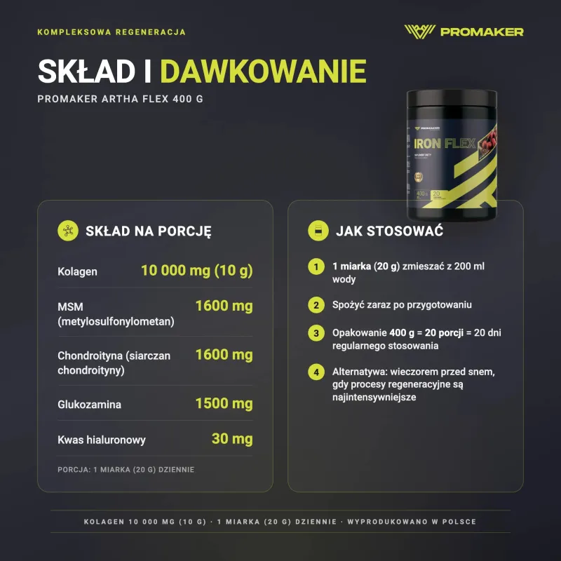 Regeneracja stawów Promaker Iron Flex 400g – skład na porcję i sposób stosowania