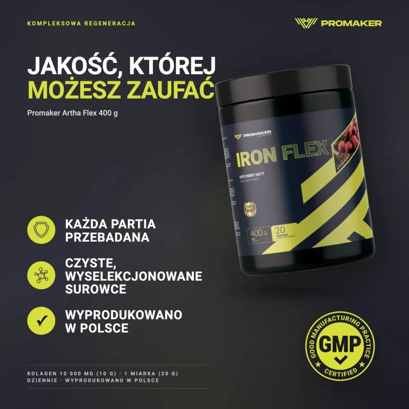 Regeneracja stawów Promaker Iron Flex 400g – każda partia przebadana, certyfikat GMP, wyprodukowano w Polsce