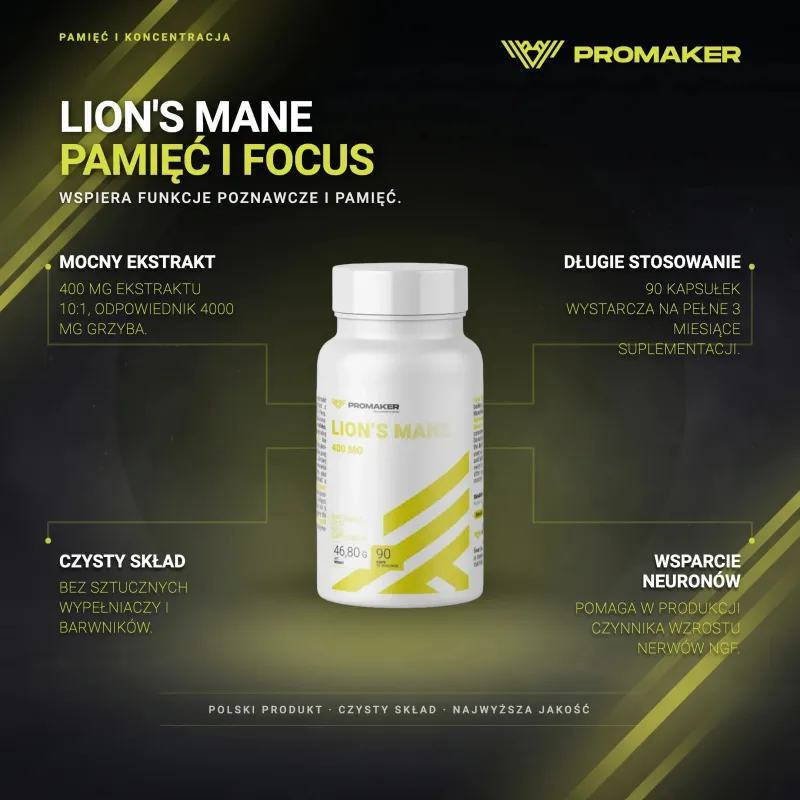 Pamięć i Koncentracja Promaker Lion's Mane 400mg 90kaps – ключевые преимущества и чистый состав