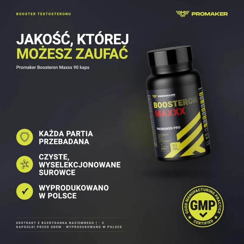 Booster Testosteronu Promaker Boosteron Maxxx 90kaps – każda partia przebadana, certyfikat GMP, wyprodukowano w Polsce
