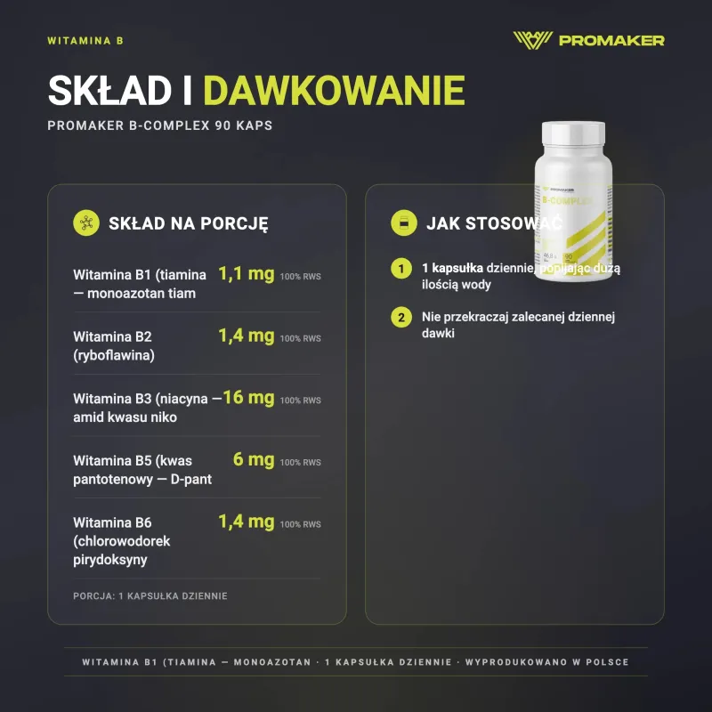 Witaminy Promaker B-Complex 90kaps – skład na porcję i sposób stosowania