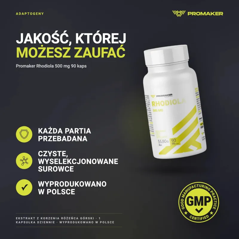 Adaptogeny Promaker Rhodiola 500mg 90kaps – każda partia przebadana, certyfikat GMP, wyprodukowano w Polsce