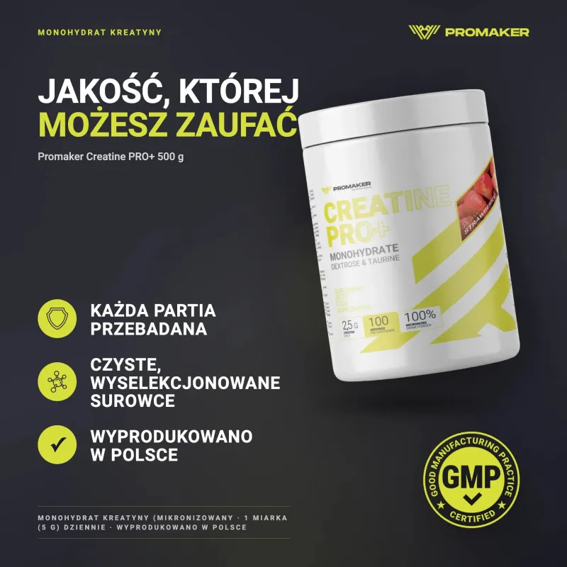 Kreatyna Promaker Creatine PRO+ 500g – każda partia przebadana, certyfikat GMP, wyprodukowano w Polsce