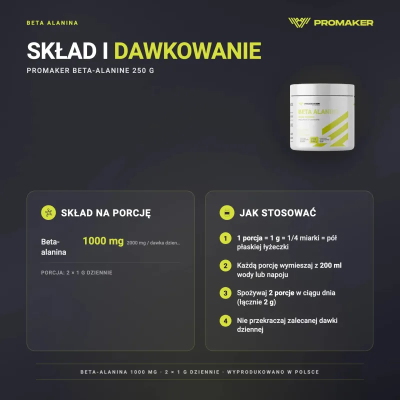 SUPLEMENT PRZEDTRENINGOWY PROMAKER DRINK POWDER BETA-ALANINE 250 G – skład na porcję i sposób stosowania