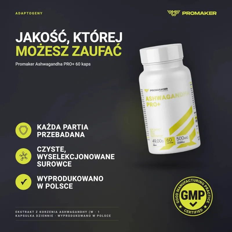 Adaptogeny Promaker Ashwagandha PRO+ 60kaps – każda partia przebadana, certyfikat GMP, wyprodukowano w Polsce