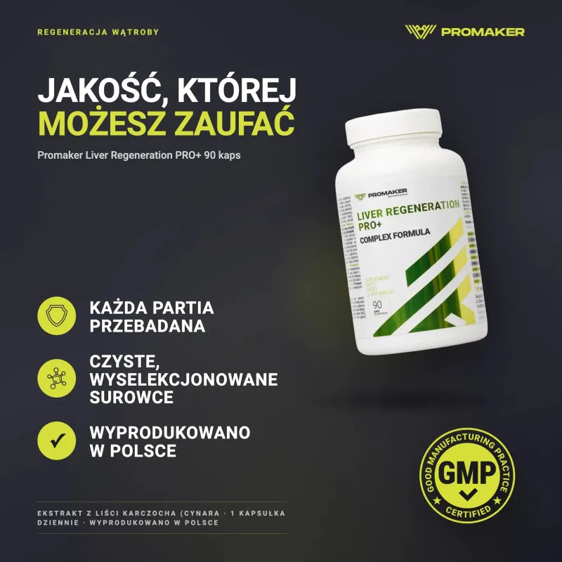 Wsparcie Wątroby Kompleks Promaker Liver Regeneration PRO+… – każda partia przebadana, certyfikat GMP, wyprodukowano w Polsce