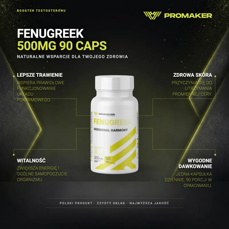 Booster Testosteronu Kozieradka  Promaker Fenugreek 500mg 90 caps – najważniejsze korzyści i skład