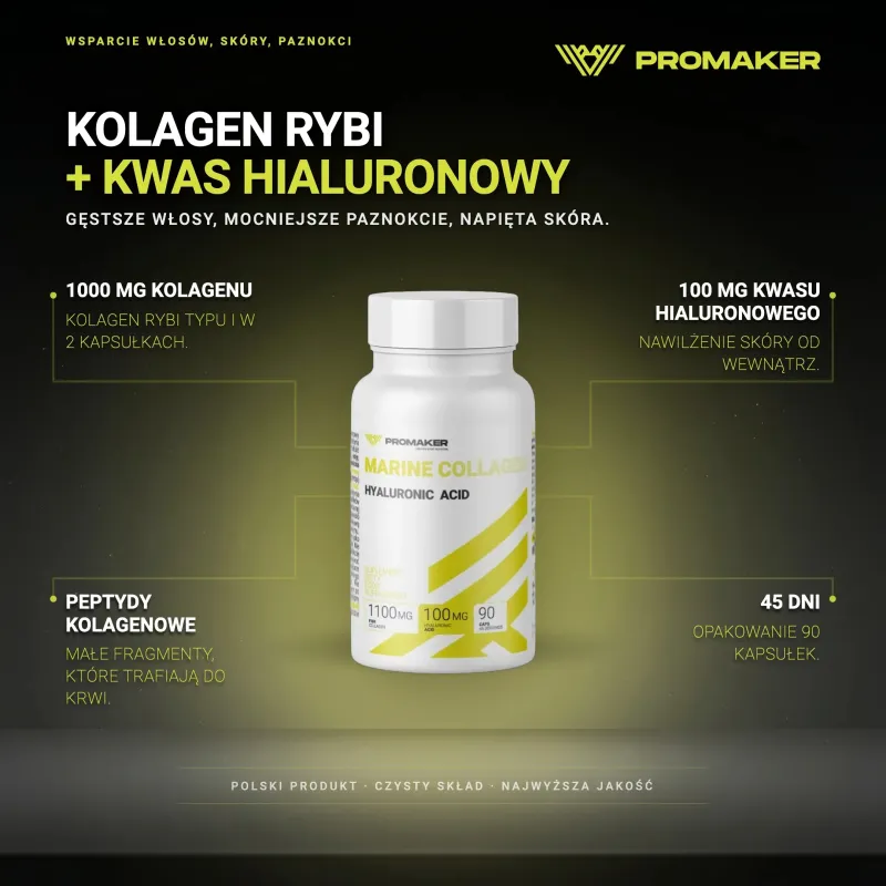 Wsparcie Włosów, Skóry, Paznokci Kolagen + Kwas Hialuronowy Promaker Kolagen Rybi 90kaps – najważniejsze korzyści i skład