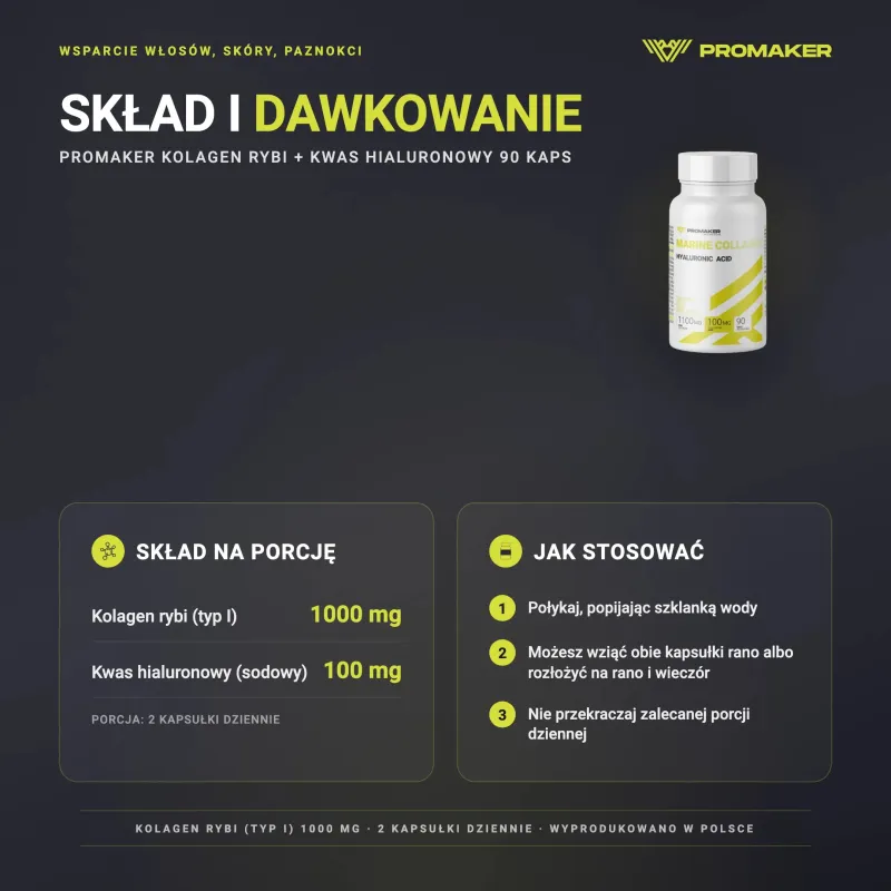 Wsparcie Włosów, Skóry, Paznokci Kolagen + Kwas Hialuronowy Promaker Kolagen Rybi 90kaps – skład na porcję i sposób stosowania