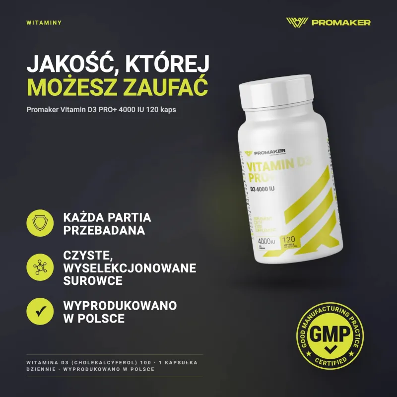 Witaminy D Promaker Vitamin D3 PRO+ 4000IU 120kaps – każda partia przebadana, certyfikat GMP, wyprodukowano w Polsce
